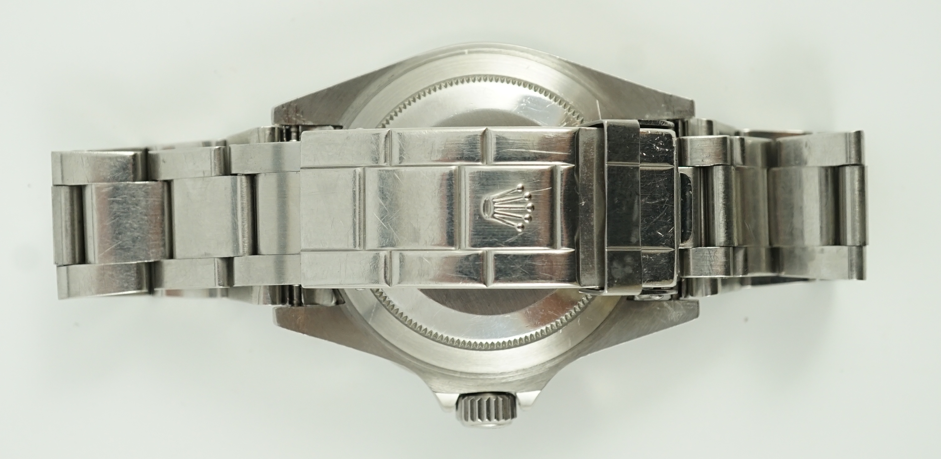 A gentleman's mid 1980's stainless steel Rolex Submariner Oyster Perpetual Date wrist watch, on a stainless steel Rolex bracelet